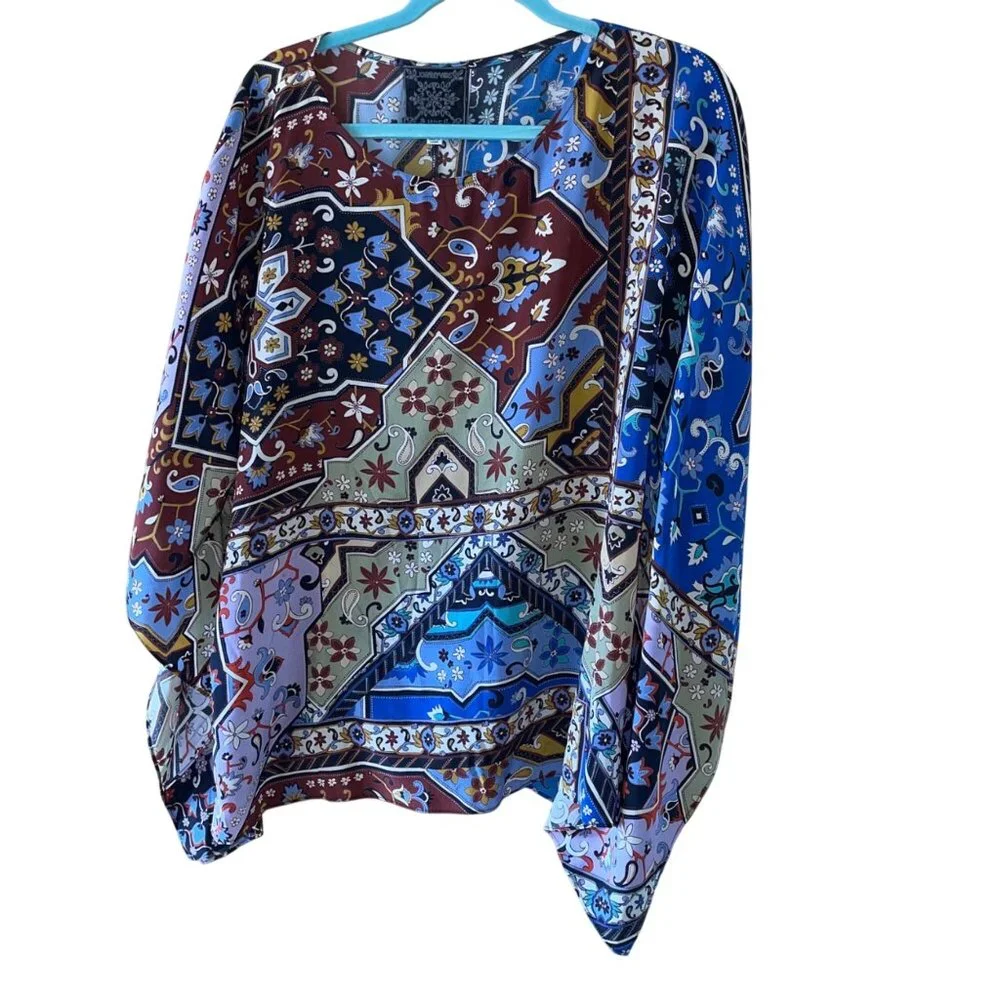 Johnny Was Womens Size L Multicolor Boho Round Kimono Sleeve Silk Caftan Blouse - Picture 11 of 11